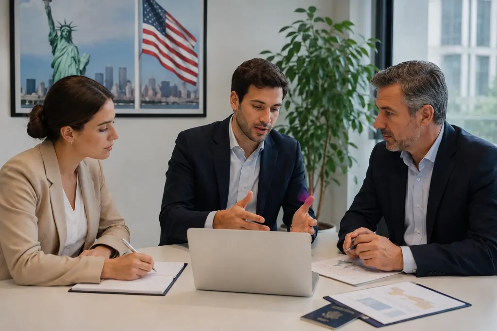 Equipo asesorando a una empresa sobre visados para Estados Unidos y desplazamiento de trabajadores